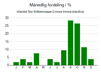 Islandsk Stor Kobbersneppe - månedlig fordeling