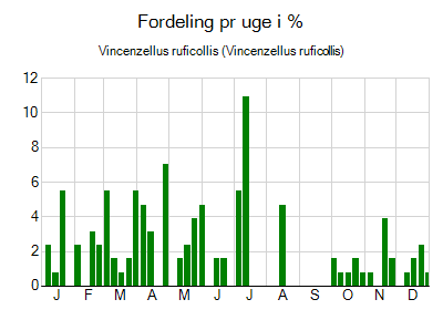 Vincenzellus ruficollis - ugentlig fordeling