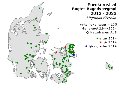 Bugtet Bøgedværgmøl - udbredelseskort