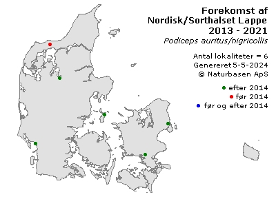 Nordisk/Sorthalset Lappedykker - udbredelseskort