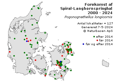 Spiral-Langhornspringhale - udbredelseskort